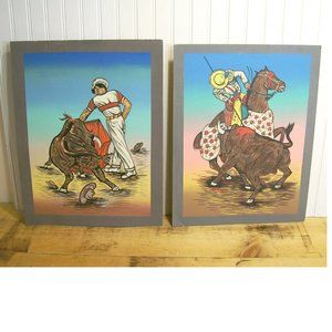 2 Vintage Bullfighting Paintings Spanish Folk Art